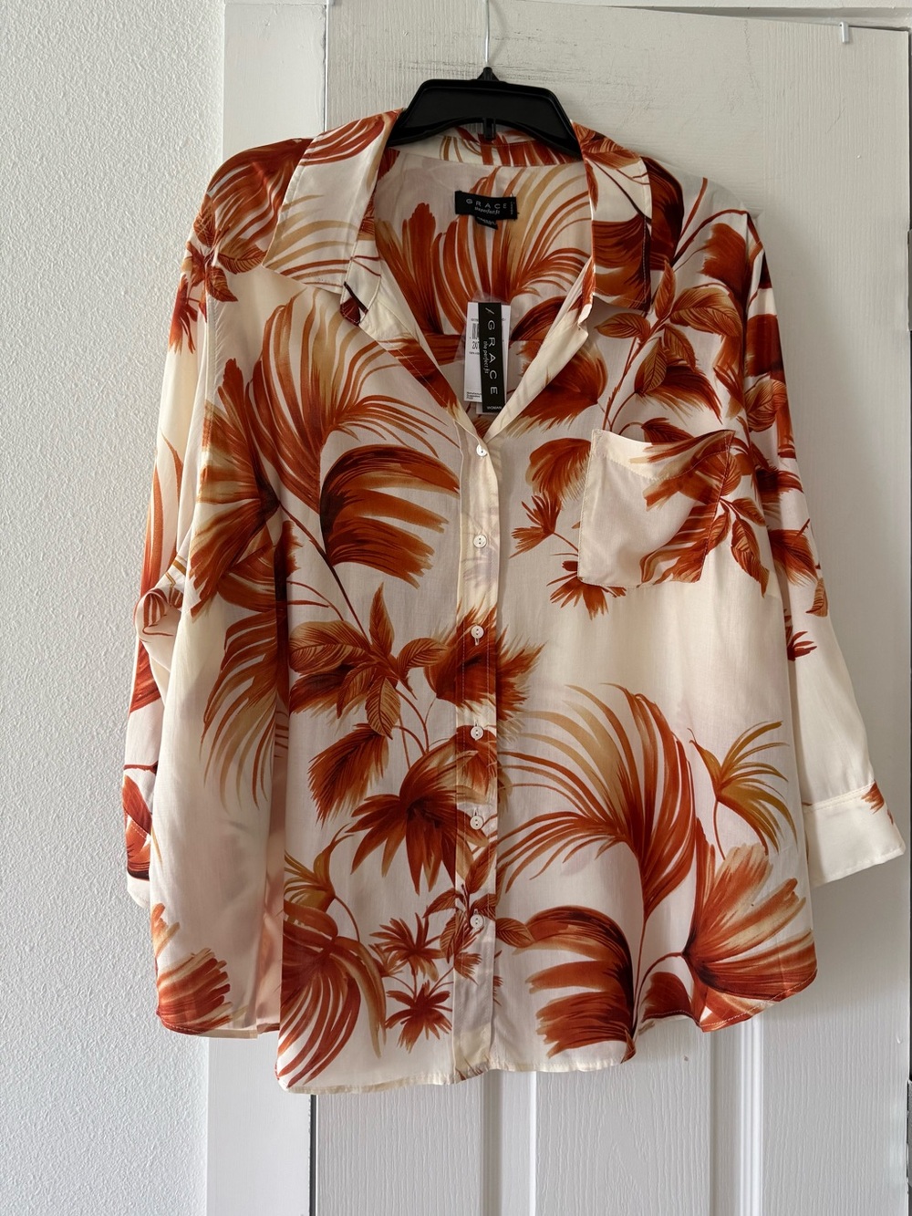 Grace The Perfect Fit 2X Tropical Leaf Button Down Blouse NWT